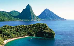 Description: Land and sea: admire the spectacular Pitons from a fabulous white-sand beach 